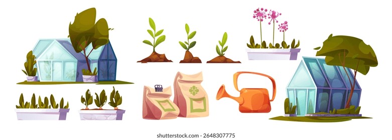 Cartoon greenhouse garden set - glass houses with trees, growing seedlings in soil, planters with vegetables and pink flowers, seed packets, orange watering can. Cute farming elements illustrations.