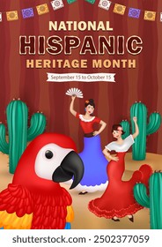 Cartoon greeting card with 3d traditional paper garlands, Scarlet Macaw parrot closeup and two cheerful Woman in dresses performing Latin dance on the sand among cacti. Hispanic Heritage Month poster
