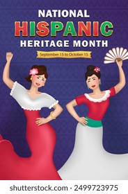 Cartoon greeting card with 3d women in Hispanic attire performing Latin dance, celebrating Hispanic Heritage Month, with colorful papel picado overhead on purple background with traditional pattern