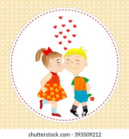 Cartoon greeting card with boy and girl kissing