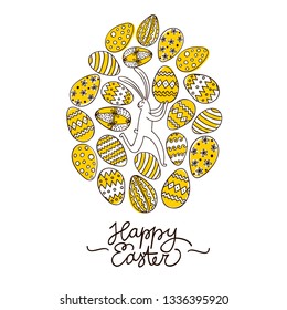 Cartoon greeting card with cute Easter rabbit and eggs on background. Doodle illustration for your design.