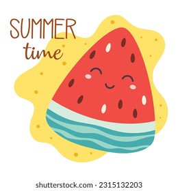 cartoon greeting card with cute watermelon slice and written text summer time, background with tropical fruit