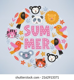 Cartoon greeting card with monkey, lion, tiger, toucan, parrot, koala, panda, flowers, leaves on grey background. Circle ornament. Perfect for summer holidays and kids illustration