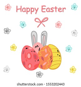 A cartoon greeting card template with an image of an Easter bunny hiding behind beautiful painted holiday eggs. on the background of flowers and gift ribbon. Lettering holiday concept. For banner desi