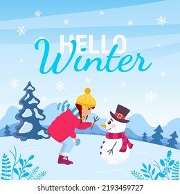 Cartoon greeting card with winter landscape. Cute winter scene with girl building a snowman. Holiday background with Hello winter text. Vector flat design illustration