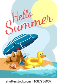 Cartoon greetings card with a beach. Vector illustration