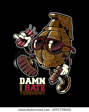 Cartoon grenade holding bomb.
Vector illustration.