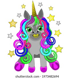 Cartoon, grey baby unicorn, isolated on white background, vector, clipart.