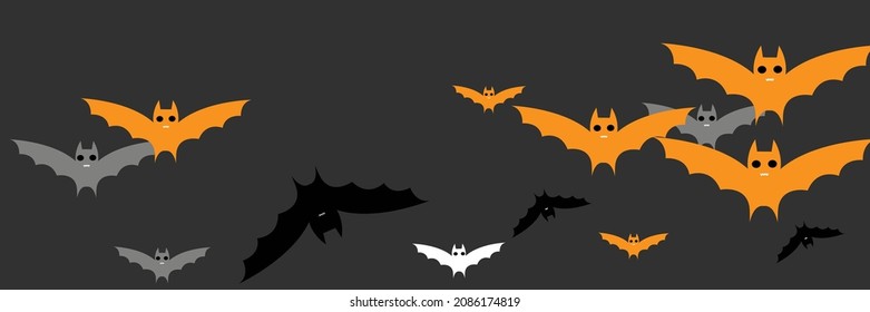 Cartoon Grey Black Monster Creepy Halloween Art Illustration. Sky Gothic Funny Party Faces Bats. Mysterious Vampire Fear Chaos Scary Backdrop. Orange Spooky Dracula White Horror Bats Background.