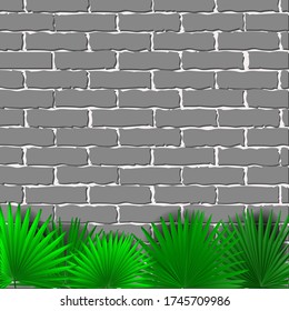 Cartoon Grey brick wall texture or background with tropical palm leaves. vector illustration. Abstract architecture and loft interior, background. Interior texture. Grunge facade and old brickwall