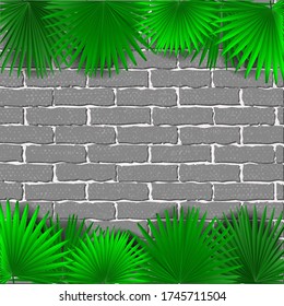 Cartoon Grey brick wall texture or background with tropical palm leaves. vector illustration. Abstract architecture and loft interior, background. Interior texture. Grunge facade and old brickwall