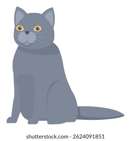 Cartoon grey british cat with yellow eyes is sitting calmly