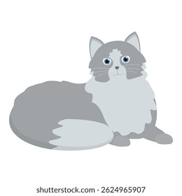Cartoon grey cat with blue eyes and long hair relaxing on white background