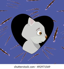 Cartoon grey cat in the heart on scratch background.