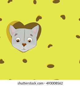 Cartoon grey cat in the heart on cheese background. illustration