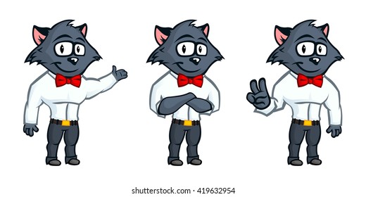 Cartoon grey cat mascot. Isolated on white background. Vector illustration.
