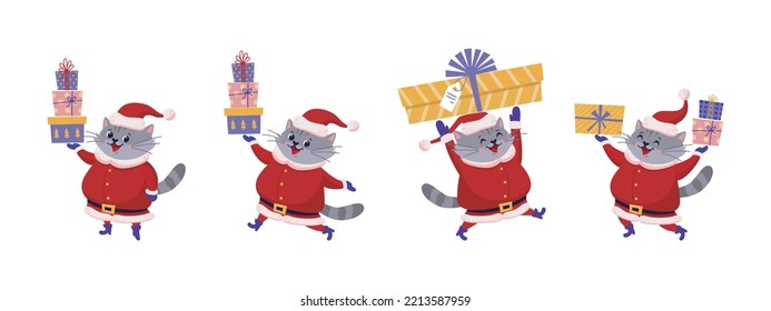 Cartoon grey cat Santa Claus with gifts. Happy New Year concept. The symbol of 2023. Elements for design of posters, banners, postcards. Vector set on white background