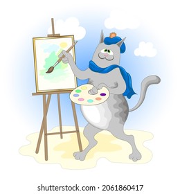Cartoon grey cat stands at the easel and paints a picture with a brush and paints