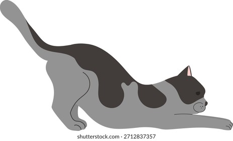 Cartoon grey cat stretching forward in a playful pose. Perfect for pet illustrations, motion concepts and cute designs.