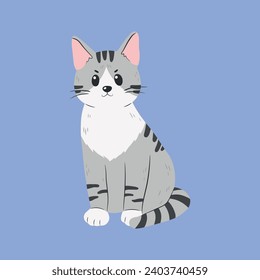 Cartoon grey color tabby adorable cat isolated vector illustration. Cute pet in a sitting pose for web, greeting card, banner, sticker.