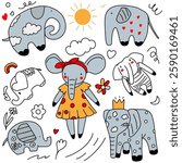 Cartoon grey elephants on white background, children's vector pattern with animals