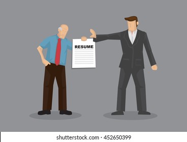 Cartoon grey hair old man character holding resume and businessman holds a stop gesture. Vector illustration on age discrimination in job market isolated on grey background.