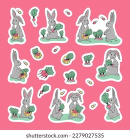 Cartoon grey hand drawn spring bunnies on the grass, baskets with radish and butterflies. Set of unique isolated stickers - rabbits, radish, bundle of radishes, baskets with radishes. Perfect for kids