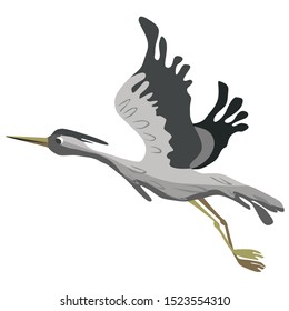 Cartoon grey heron flat vector illustration