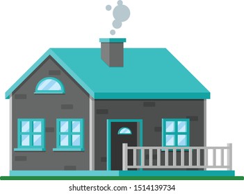 Cartoon grey house with veranda and blue roof. Flat vector illustration.