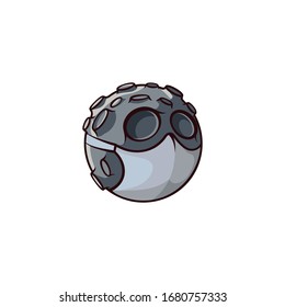 Cartoon grey moon in medical mask on white background.