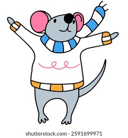 Cartoon grey mouse with pink ears in a blue scarf and sweater