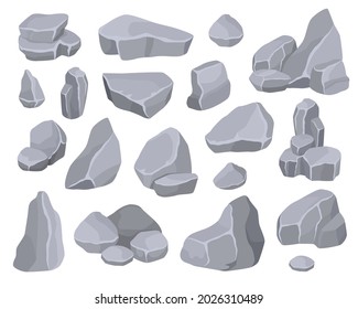 Cartoon grey rock stones rubbles, boulders and mountain cliffs. Stone formations, pile of rocky debris, minerals or rocks rubble vector set. Various cracked hard naturals materials