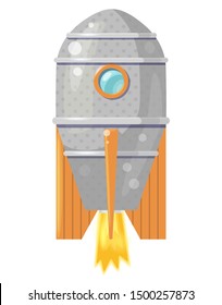 Cartoon grey rocket with flame isolated on white background. Vector