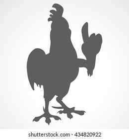 Cartoon grey rooster silhouette pointing with wing upwards
