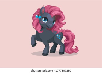 Cartoon grey unicorn with pink hair sitting on background Vector(eps-10)
