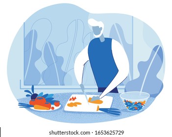 Cartoon Grey-Haired Old Senior Man Character Cooking In Home Kitchen Cutting With Knife Vegetables On Wooden Board Preparing Fresh Healthy Salad. Organic Nutrition. Vector Flat Cutout Illustration