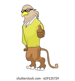 A cartoon griffin in a sweater and glasses on a white background. The character of a mythological monster in the style of a hipster dressed in human clothes. Shows his hand okay. Vector illustration