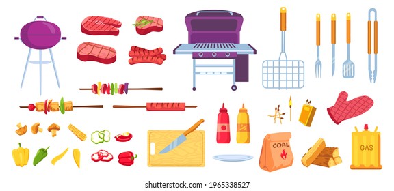 Cartoon grill and barbecue. Grilled food meat, sausages and vegetables. Cooking tools, grid, knife and skewer. Bbq picnic party vector set. Equipment for grilling, kitchen appliances