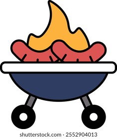 A cartoon of a grill with hot dogs on it. The hot dogs are red and yellow. The grill is blue and white