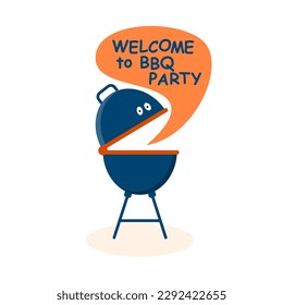 Cartoon grill invites to a barbecue party. Welcome invitation to barbecue picnic. Design element for menu, poster, banner, announcement, bbq party. Vector illustration.