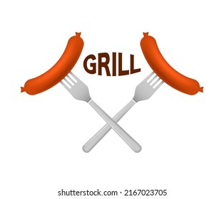 Cartoon grill sausage. Hand drawn vector illustration. Isolated icon set