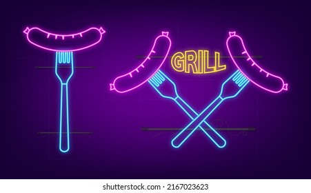 Cartoon grill sausage. Neon icon. Hand drawn vector illustration. Isolated icon set