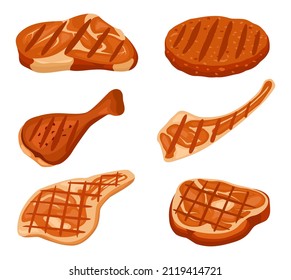 Cartoon grilled meat, cooked steak, rib and burger patty with marks. Roasted food from bbq. Restaurant or steak house menu. Tasty fat pork and beef slices isolated on white vector set