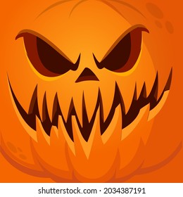 Cartoon grim angry Halloween pumpkin head with scary face expression. Vector illustration of jack-o-lantern monster character design with carved emotion isolated