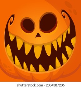 Cartoon grim angry Halloween pumpkin head with scary face expression. Vector illustration of jack-o-lantern monster character design with carved emotion isolated