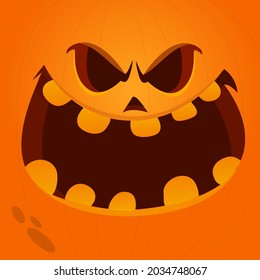 Cartoon grim angry Halloween pumpkin head with scary face expression. Vector illustration of jack-o-lantern monster character design with carved emotion isolated
