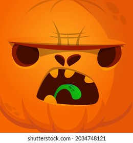 Cartoon grim angry Halloween pumpkin head with scary face expression. Vector illustration of jack-o-lantern monster character design with carved emotion isolated
