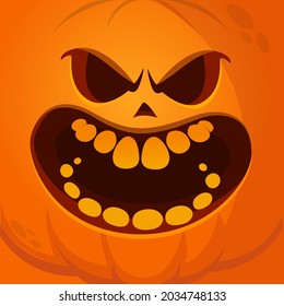 Cartoon grim angry Halloween pumpkin head with scary face expression. Vector illustration of jack-o-lantern monster character design with carved emotion isolated
