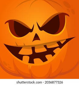 Cartoon grim angry Halloween pumpkin head with scary face expression. Vector illustration of jack-o-lantern monster character design with carved emotion isolated