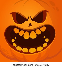 Cartoon grim angry Halloween pumpkin head with scary face expression. Vector illustration of jack-o-lantern monster character design with carved emotion isolated
